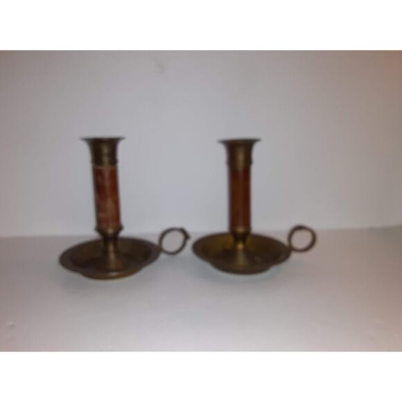 Pair of Vintage Brass and Wood Chambersticks Candle holders 4.5 " tall - Picture 8 of 8